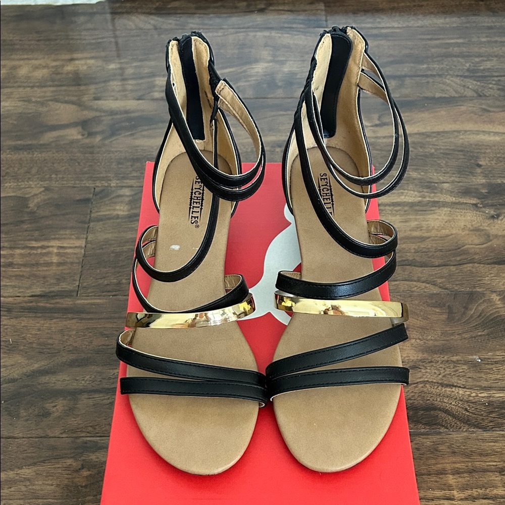 Seychelles Black and Gold Strappy Heels - Size 10M